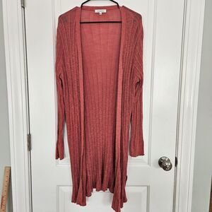 Hooked Up Long Knit Open Cardigan women's LARGE Coral EUC, Beachy, Boho,‎ Casual